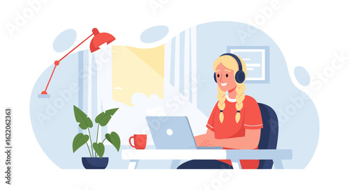 Young woman working from home on laptop, perfect for remote work, online education, and freelance lifestyle blog designs.