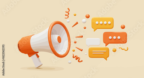 Orange megaphone with speech bubbles, conveying a message.