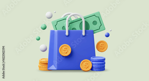 3D illustration of a shopping bag filled with money and coins, a visual representation of financial gain.