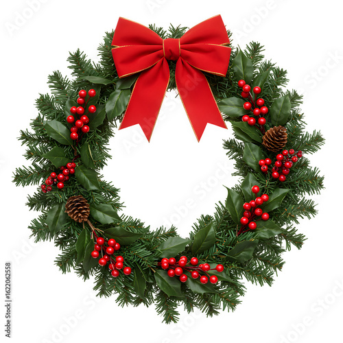 Wallpaper Mural Festive handcrafted Christmas wreath with lush green foliage and red berries, perfect for holiday decorations. isolated on white or transparent background. PNG format. Torontodigital.ca