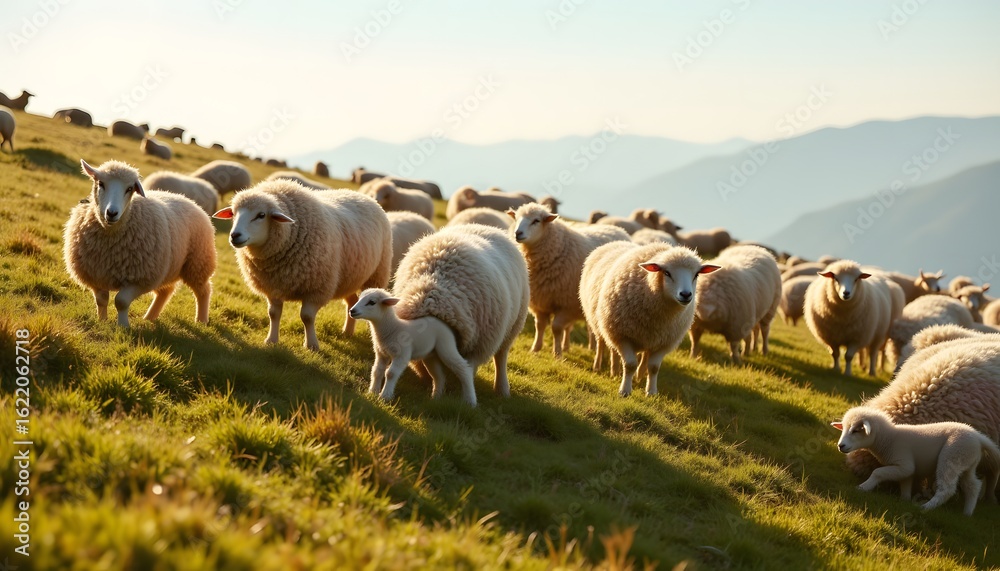 Obraz premium A hillside vista filled with a large gathering of fluffy sheep and their smaller offspring. Woolly coats appear soft and dense. Some are grazing peacefully on the green grass, heads lowered