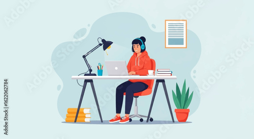 Young woman working from home on laptop, perfect for blog, website or social media post about remote work.
