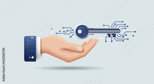 Digital key offered, hand receiving technological access, innovation, security.