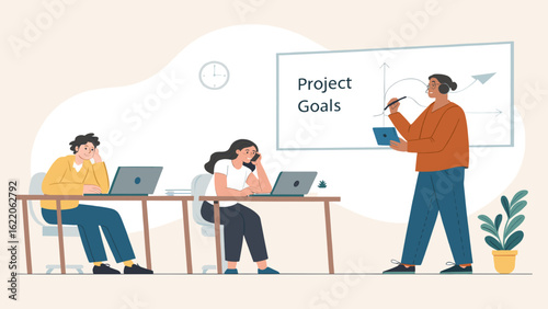 Project team meeting: Diverse colleagues collaborating on project goals. Ideal for presentations or reports on teamwork and project management.