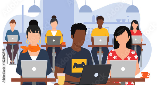 Diverse group of people working on laptops in a cafe, ideal for illustrating remote work, coworking spaces, or modern business.