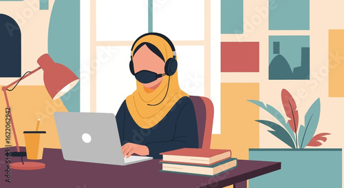 Stylish illustration of a Muslim woman working from home, perfect for blogs and websites about remote work, diversity, and inclusion.