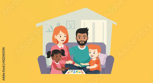 Happy family playing a board game together at home, perfect for family blogs or articles about family time.