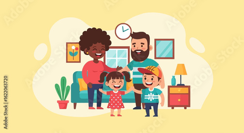 Happy diverse family portrait illustration, perfect for websites, brochures, and family-themed projects.