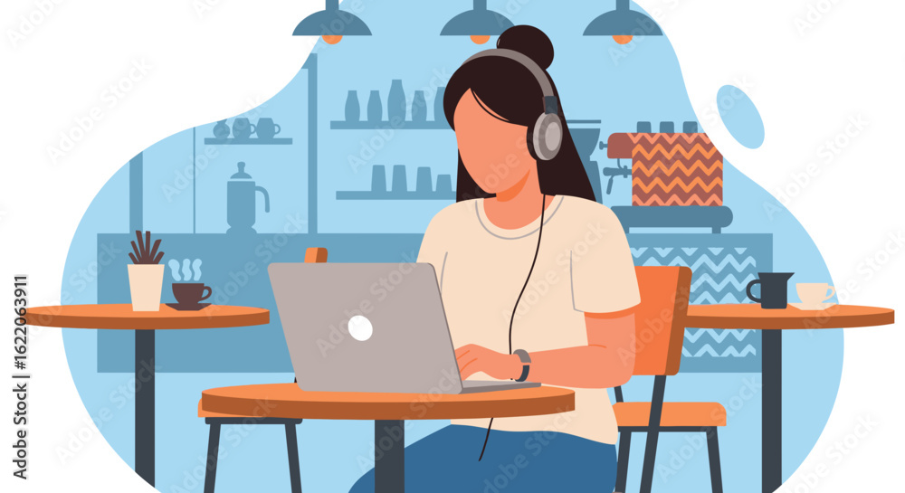 Fototapeta premium Woman working on laptop in a coffee shop, perfect for blog posts about remote work or freelance life.