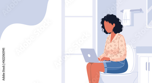 Woman working on laptop in bathroom - illustration for articles about work-life balance or remote work.