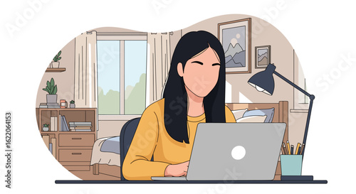 Woman working from home on laptop, illustration for website or blog post about remote work.