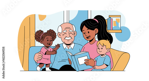 Grandfather reading a book to his grandchildren; perfect for websites, brochures, and children's books.