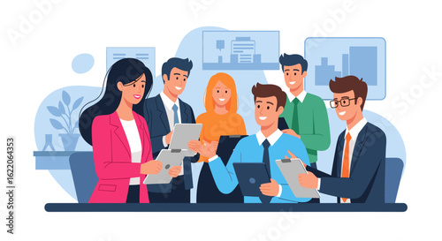Happy diverse business team collaborating on project, ideal for website landing page or corporate brochure.