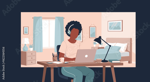 Woman working from home on laptop, illustration perfect for blog posts or website banners about remote work.