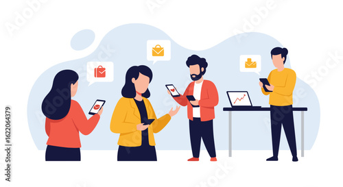 Teamwork and Collaboration: Diverse group of professionals using smartphones and laptops for communication and project management. Ideal for websites, presentations, and marketing materials.