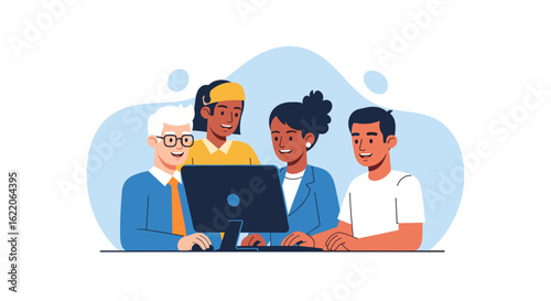 Diverse team collaborating on a computer - perfect for website banners, presentations, and brochures.