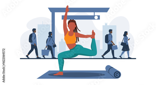 Woman doing yoga in the city, perfect for wellness blogs or corporate wellness initiatives.