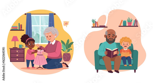 Grandparents spending quality time with their grandchildren: A girl choosing a dress and a boy listening to a story. Perfect for family blogs, websites, and children's books.