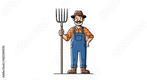 A friendly cartoon farmer standing proudly holding a pitchfork and wearing overalls and a hat