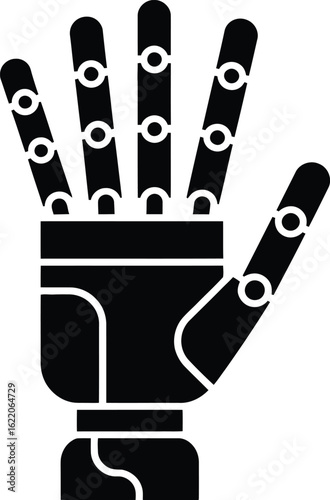 Black silhouette of a robotic hand with visible joints and fingers