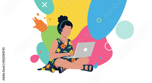 Young woman working on laptop, colorful abstract background. Ideal for websites, blogs, and social media.