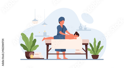 Spa massage illustration for wellness brochures and websites.  Relaxing scene of a massage therapist giving a back massage.