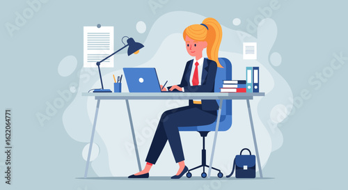 Businesswoman working on laptop at her desk, perfect for website banners or business presentations.