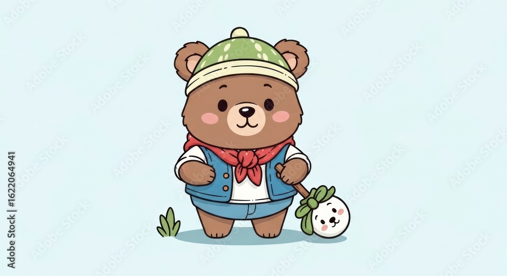 Naklejka premium Cartoon bear with hat scarf vest shorts and a satchel on a stick