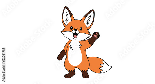 A cheerful cartoon fox waving hello with big ears and a bushy tail in a friendly greeting