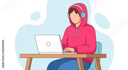 Person using laptop, vector illustration for website or blog.