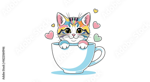 Adorable kawaii kitten peeking out of a teacup surrounded by hearts and butterflies