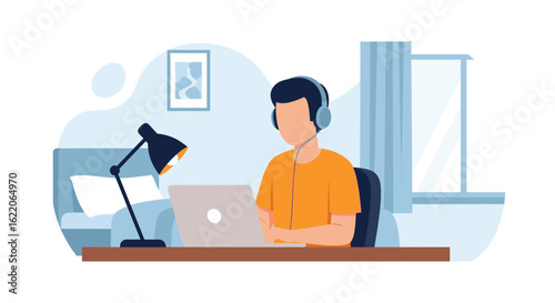 Person working from home on laptop, wearing headphones. Ideal for blog posts, websites, and articles about remote work.