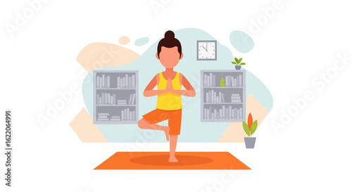 Woman practicing yoga at home, perfect for wellness websites or blog posts.