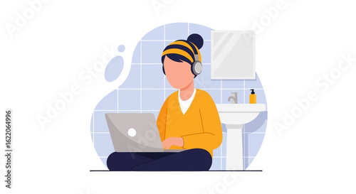 Young woman working on laptop in bathroom, perfect for blog post or website about remote work.