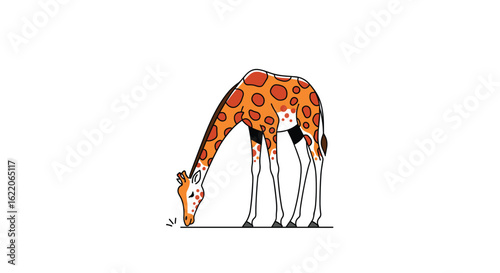 Whimsical cartoon giraffe bending down to drink water in a playful animated style