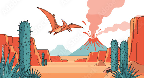 Pterodactyl soars over desert landscape with volcanic eruption and cacti under a clear sky