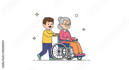 A boy happily pushes an elderly woman in a wheelchair showcasing intergenerational care and community support in a gentle friendly manner