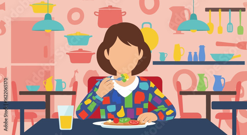 Woman enjoying a healthy meal in a colorful kitchen setting - perfect for food blogs, recipe websites, or healthy eating campaigns.