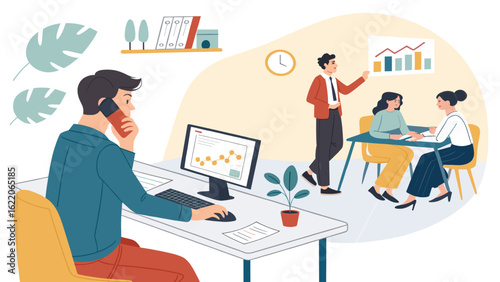 Busy office workers collaborating, perfect for illustrating teamwork and productivity on a company website or brochure.