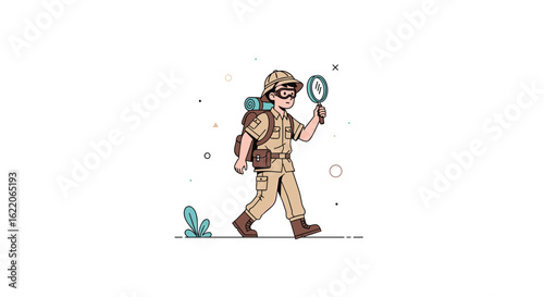 Adventurous explorer on a quest discovering hidden treasures with a magnifying glass and backpack on a journey