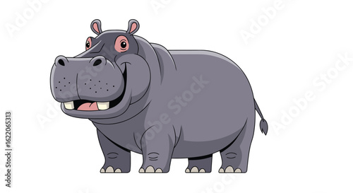 This adorable cartoon hippo is smiling happily while showing its teeth in a cute pose