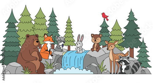 Adorable forest creatures gather around a sparkling waterfall in a serene woodland setting creating a heartwarming scene