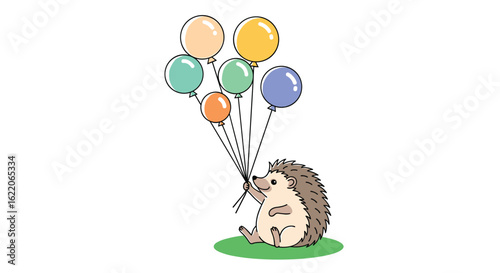 Adorable hedgehog holding a bunch of colorful balloons floating high in the sky on a sunny day