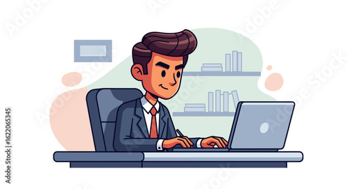 Illustration of a businessman working on his laptop, perfect for business websites and presentations.