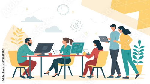 Teamwork in a modern office: Illustration perfect for websites, presentations, and brochures.