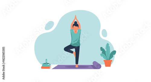 Woman practicing yoga at home, perfect for wellness websites and blogs.
