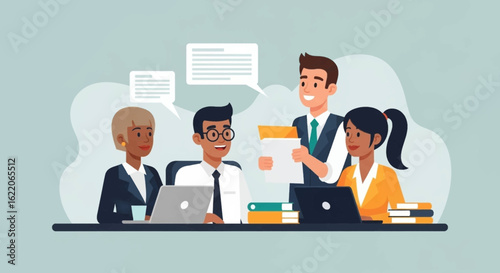 Diverse business team collaborating on project, ideal for website landing page or presentation.