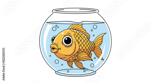 A vivid orange goldfish swims playfully inside a round glass bowl filled with clear water and bubbles
