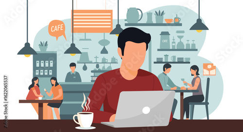 Man working on laptop in a cafe, perfect for illustrating remote work, coworking spaces, or cafe culture.