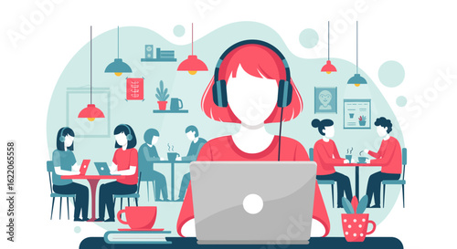 Woman working remotely on laptop in a cafe, perfect for articles about remote work, freelancing, or co-working spaces.